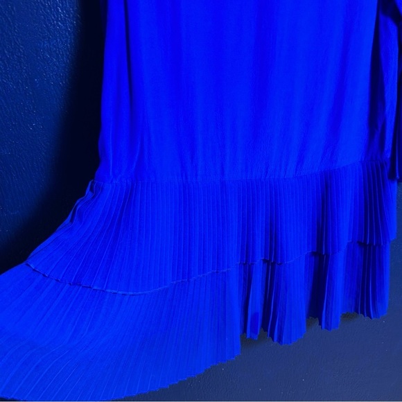 Zara Mini Dress Women Royal Blue Accordion 3/4 Bell Sleeve Tier Pleated Hem - Picture 7 of 9
